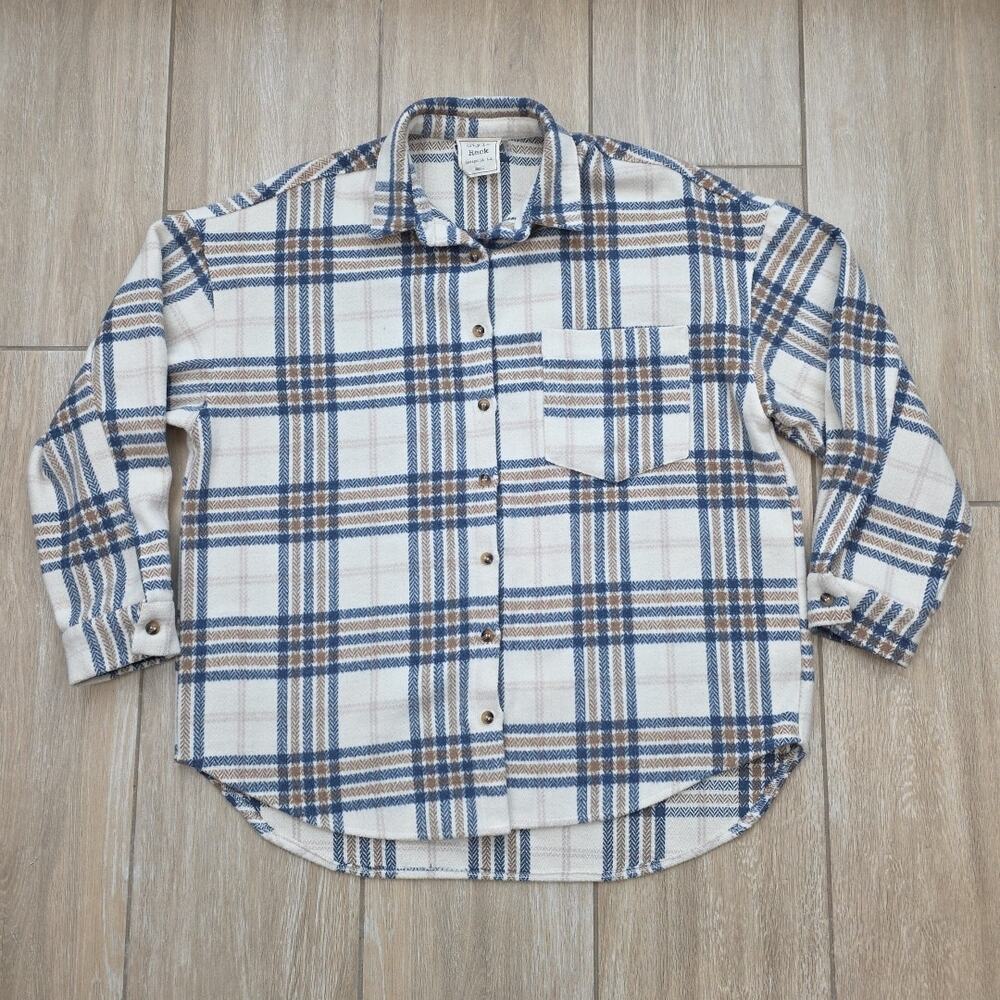 Style Rack Plaid Shacket Womens Small Oversized Wool Blend Blue Cream Jacket